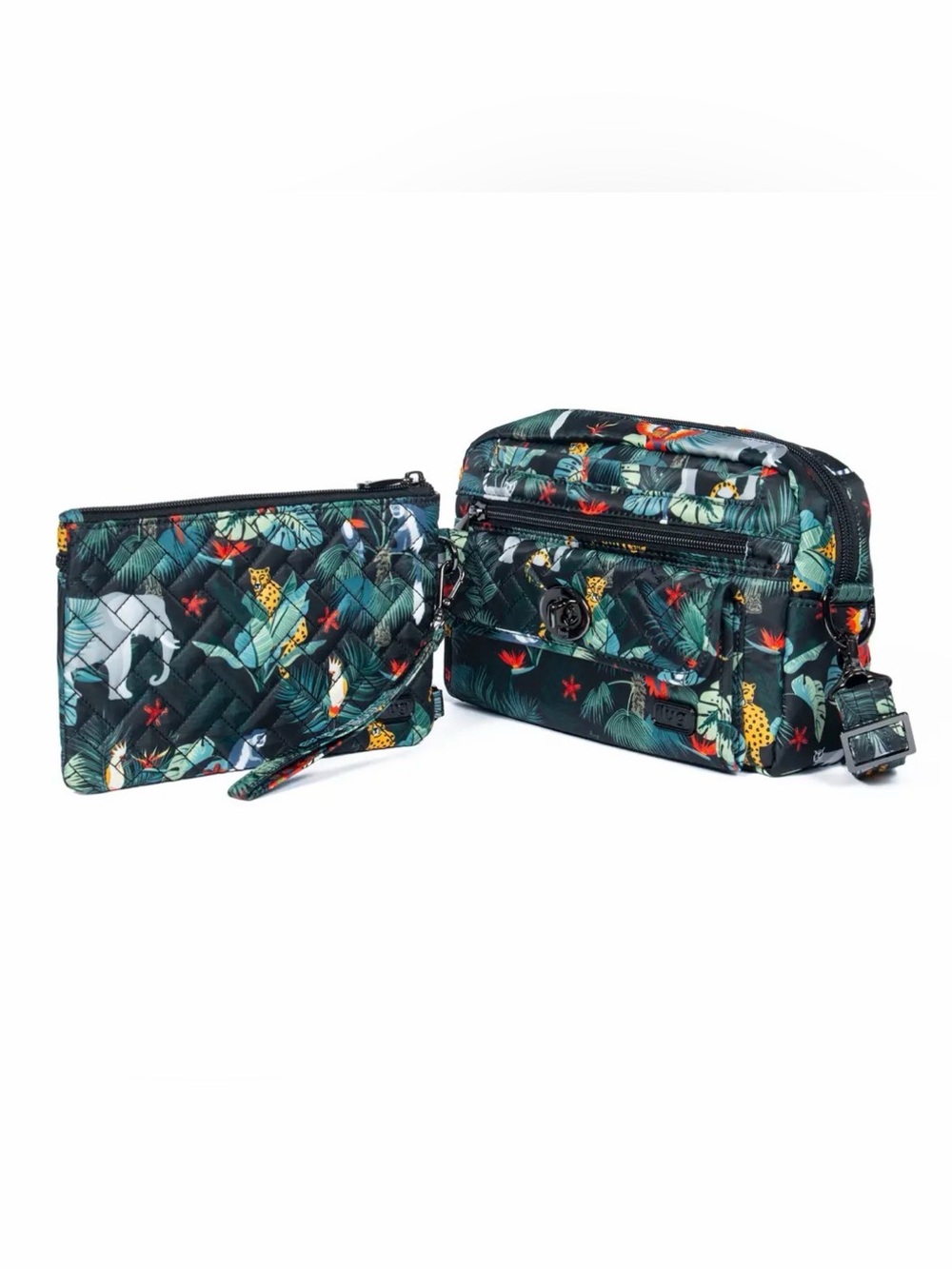 lug Quilted Tropical Print Wristlet and Crossbody Set - Dark Green Multi